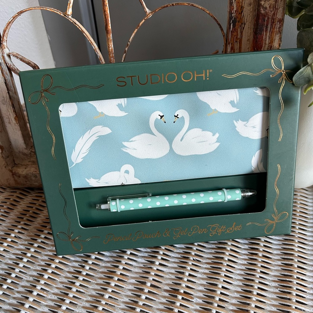 Studio Oh! Pencil Pouch & Gel Pen Gift Set featuring a blue swan pattern